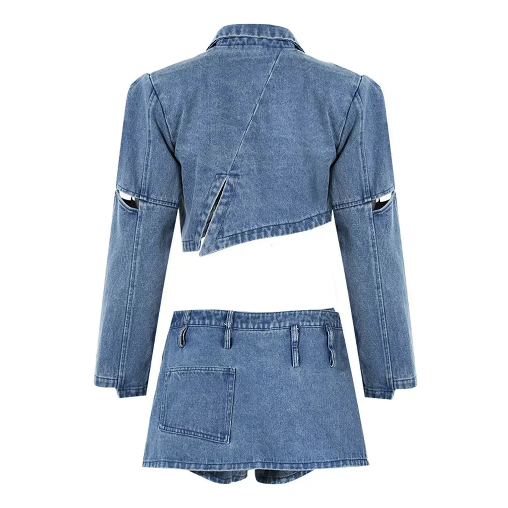 New Casual Spring Fashion Denim Jeans Jacket Mini Skort 2 Piece Set Clothing Solid Color Matching Set Women Two Piece Skirt Set