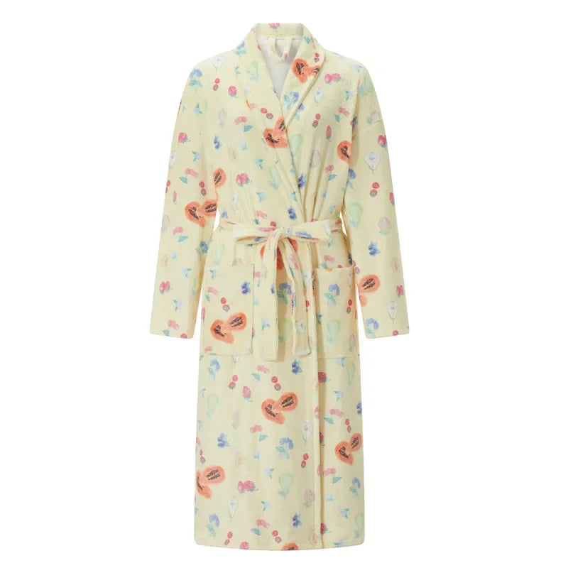 Women Y2k Fruit Robe Fleece Shawl Collar Bathrobe with Belt Cozy Spa Long Robe Open front Nightgown Loungewear