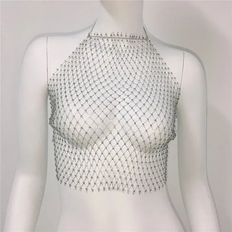Fishnet Glitter Rhinestone Crop Top Sexy Hollow Out Mesh Sheer Women Beach Y2K Camis Crystal Diamond Club Rave Party Tank Tops