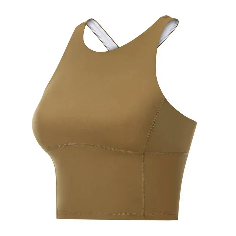 Women Shock Proof Running Fitness Crop Top Seamless Top Padded Workout Yoga Tanks Comfy Cross Back Wide Strap