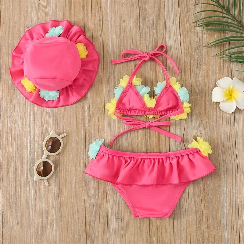Infant Baby Girl Swimsuit 3D Flower Sleeveless Halter Tank Top Bikini Bottom with Sun Hat Set 0-24M