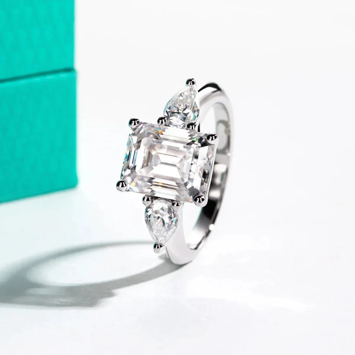 AnuJewel 4ct D Color Emerald Cut Moissanite & 0.5ct Pear Cut Engagement Ring 18K Gold Plated Ideal for Weddings Women's Gifts