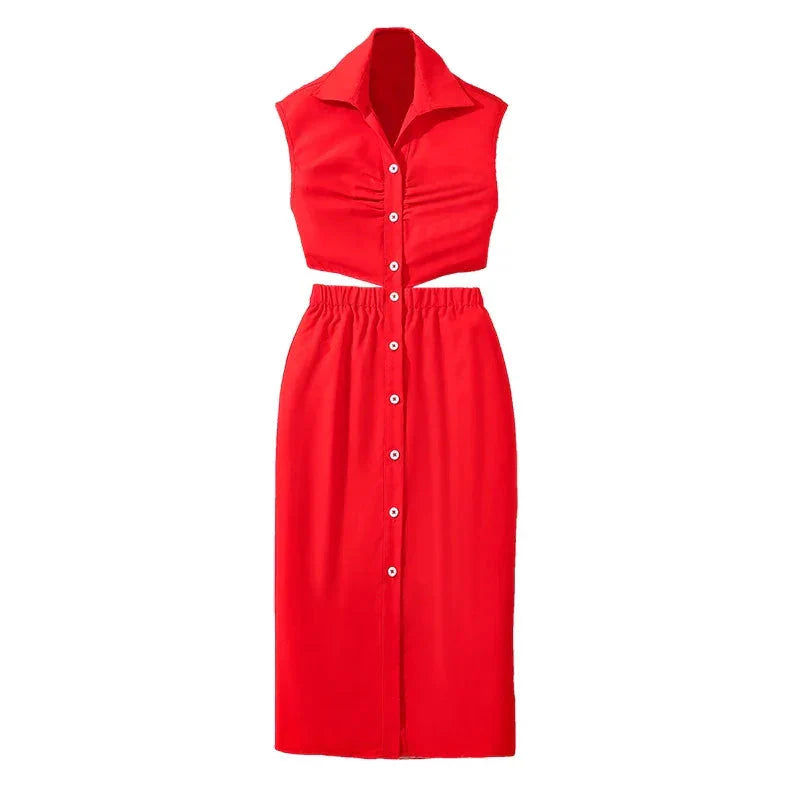 LUXTEEN Red Sleeveless Button Down Dress