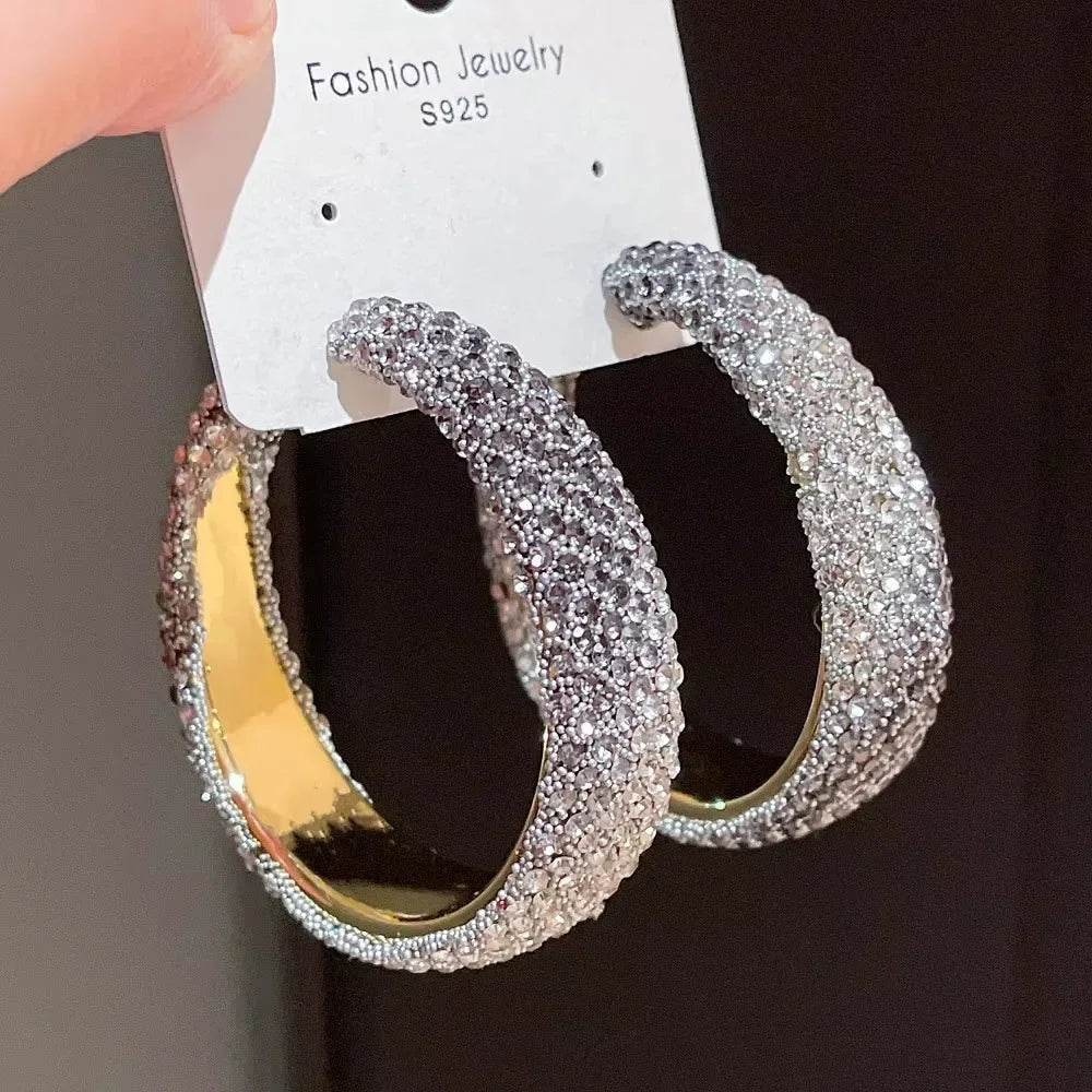 Exaggerate Shiny Rhinestones Big Hoop Earrings Geometric Round Unique Crystal Earrings Jewelry Accessories Jewelry Gifts