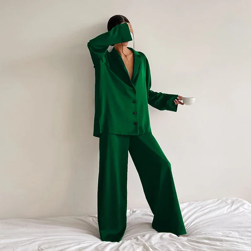 Women's Satin Silk Sleepwear Low Cut Sexy Home Clothes Pajamas For Femme Single-Breasted Long Sleeves Wide Leg Pants Trouser Set