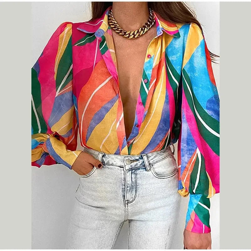 Women's Floral Print Puff Sleeve Shirt Female Elegant Casual V Neck Shirts 2023 Spring Summer Ladies Tops Blouses Vintage Blouse