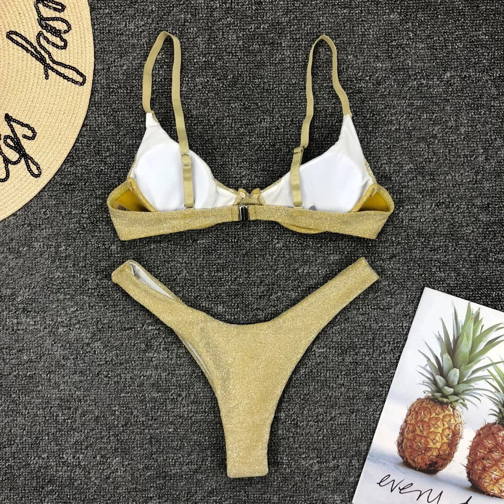 Sexy Silver Glitter Bikini 2022 Swimwear Women Push Up Cut Out Underwire Thong Swimsuit Summer Brazilian Bathing Suit Biquini