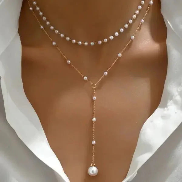 Boho Fashion Y2K Colorful Glass Pearl Long Y-Shaped Necklace Metal Collarbone Chain Holiday Travel Party Body Jewelry Accessory