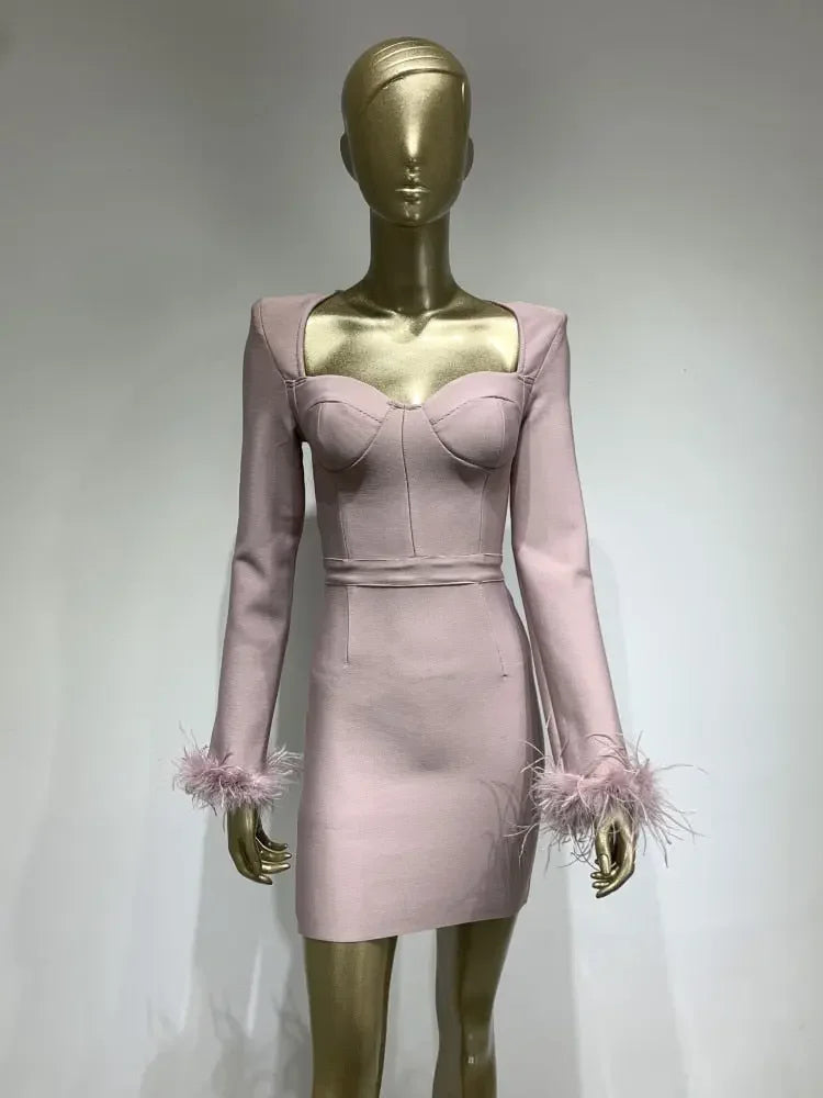 Sexy Long Sleeve Feather Mini Bodycon Dress