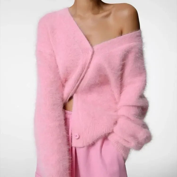 Aynaray 2023 Autumn Winter Korean Women Solid Knitted Cardigan Casual Loose Long Sleeve V-neck Sexy Sweater Female
