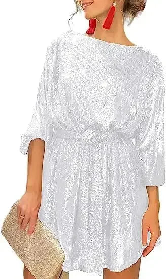 Women Loose Sparkly Prom Dresses 2023 Gold Black Silver Sequin Round Neck Short Party Dress With Belt Elegant Night Club Outfits