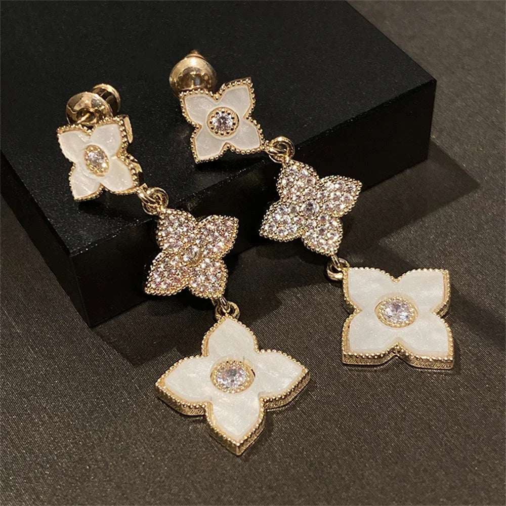 Clover Gold Earrings Repeated Use Earring Rhombus Sanhua Clover Gold Stud Earrings Beautiful Color Popular Accessories Long
