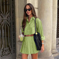 Oymimi Elegant Blue Striped Print Sets For Women 2 Pieces Fashion Long Sleeve Button Crop Tops And High Waist Pleated Skirts Set