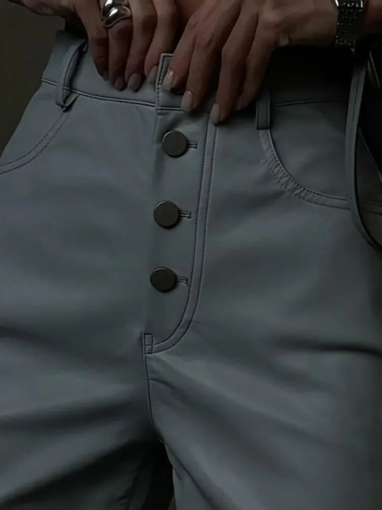 White Faux Leather High Waist Button Up Straight Leg Pants