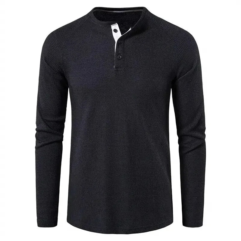 Fashion Waffle Cotton T Shirt Men 2023 Autumn New Slim Fit Long Sleeve Henley Tshirt Men Streetwear Casual Solid Color T-Shirt