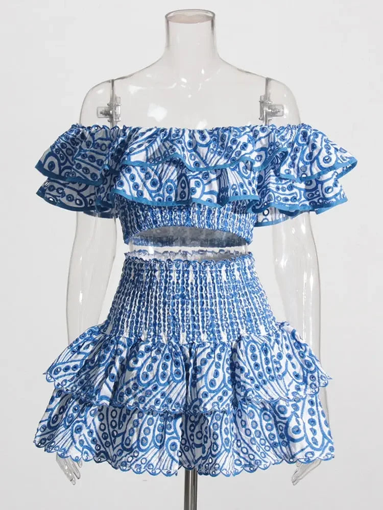 TWOTWINSTYLE Print Two Piece Sets For Women Slash Neck Short Sleeve Tops High Waist Skirts Summer Loose Set Female Fashion New