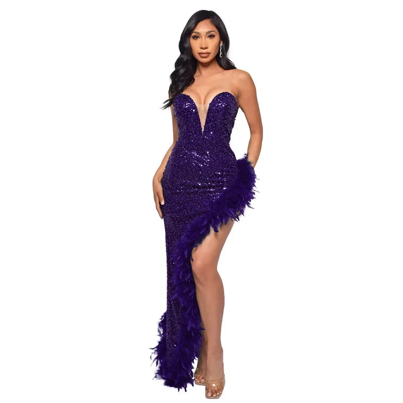 Sequin & Feather Cocktail Party Dress