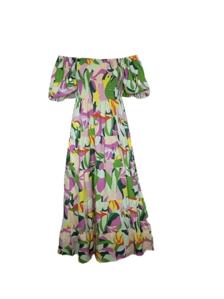 New style bubble sleeve holiday slim long skirt spice girl high waist one shoulder print dress
