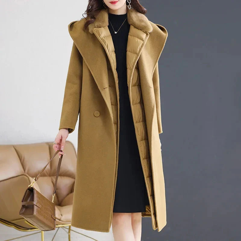 2024 Lady Winter Wool Coats Elegant Natural Fur Long Trench Coats Women Mink Fur Collar Down Coats