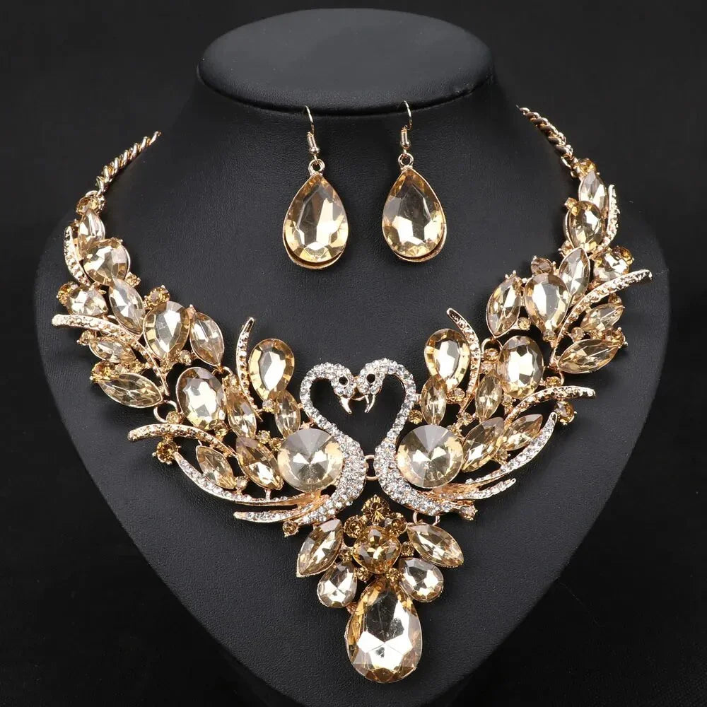 Crystal Bridal Jewelry Sets Gold Color Swan Pendant Necklace Women Gift Party Wedding Prom Necklace Earring Accessories