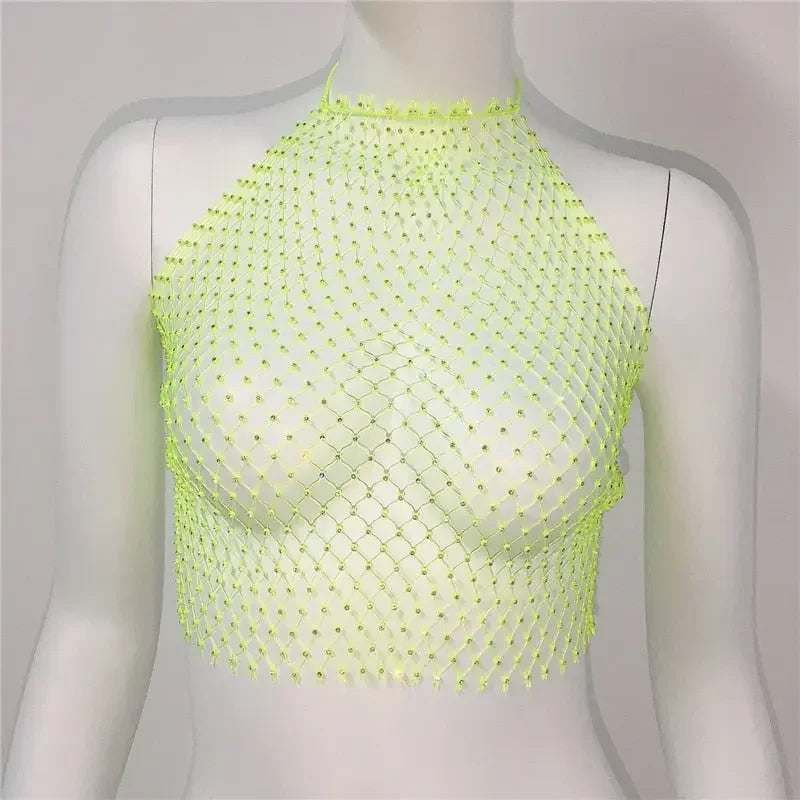 Fishnet Glitter Rhinestone Crop Top Sexy Hollow Out Mesh Sheer Women Beach Y2K Camis Crystal Diamond Club Rave Party Tank Tops