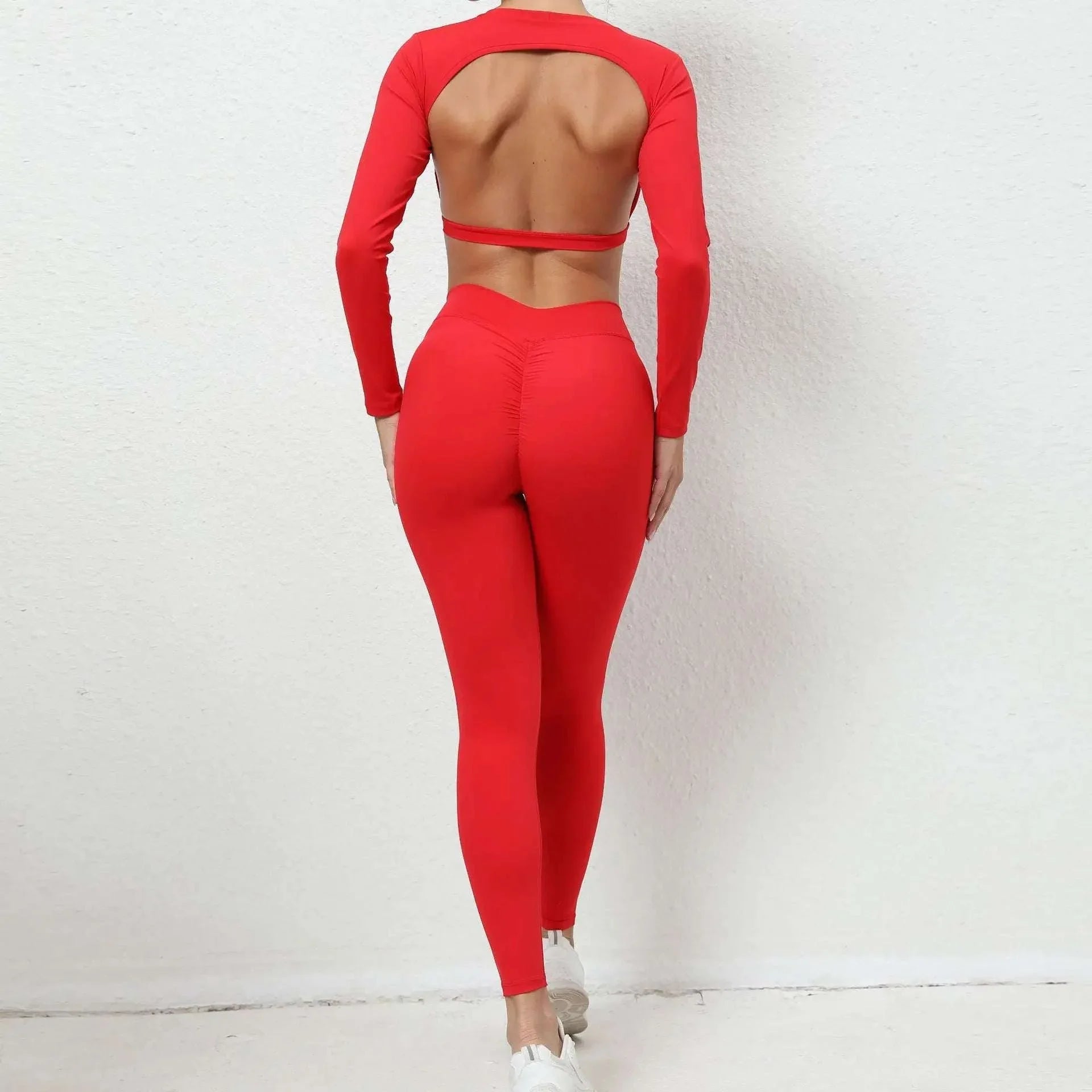 Seamless Backless Yoga Sets Sports Fitness High Waist Hip-lifting Trousers Long-Sleeved Suit Workout Gym Leggings Set for Women