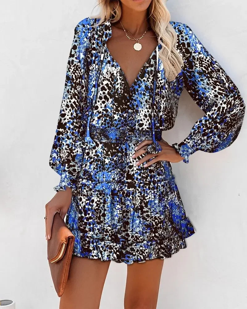 Spring Floral Lantern Sleeve Ruffle Mini Dress