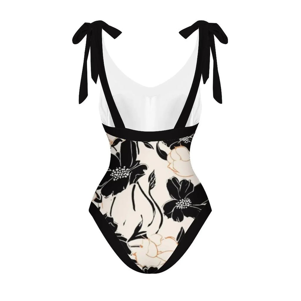 Black & White Flower Print Deep V-Neck Bikini Bow Strap Halter Sexy Swimsuit Plus Size Women 2023 Push-Ups Fashion Summer