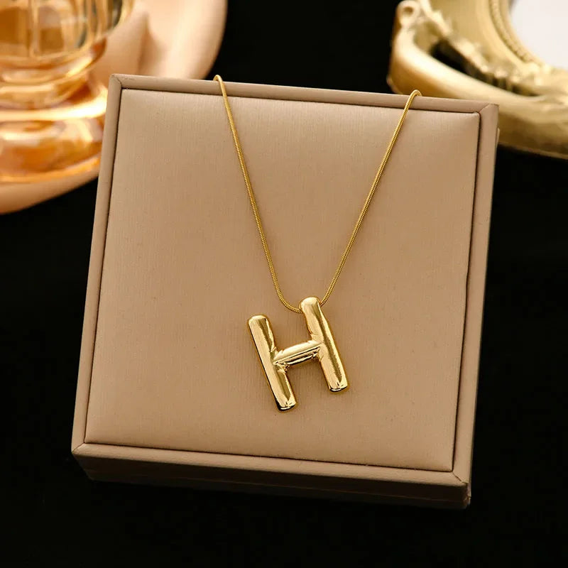 Stainless Steel Chain Gold Plated Letter Necklaces Chunky Alphabet Balloon Bubble Initial Pendant Necklace for Women Men Jewelry