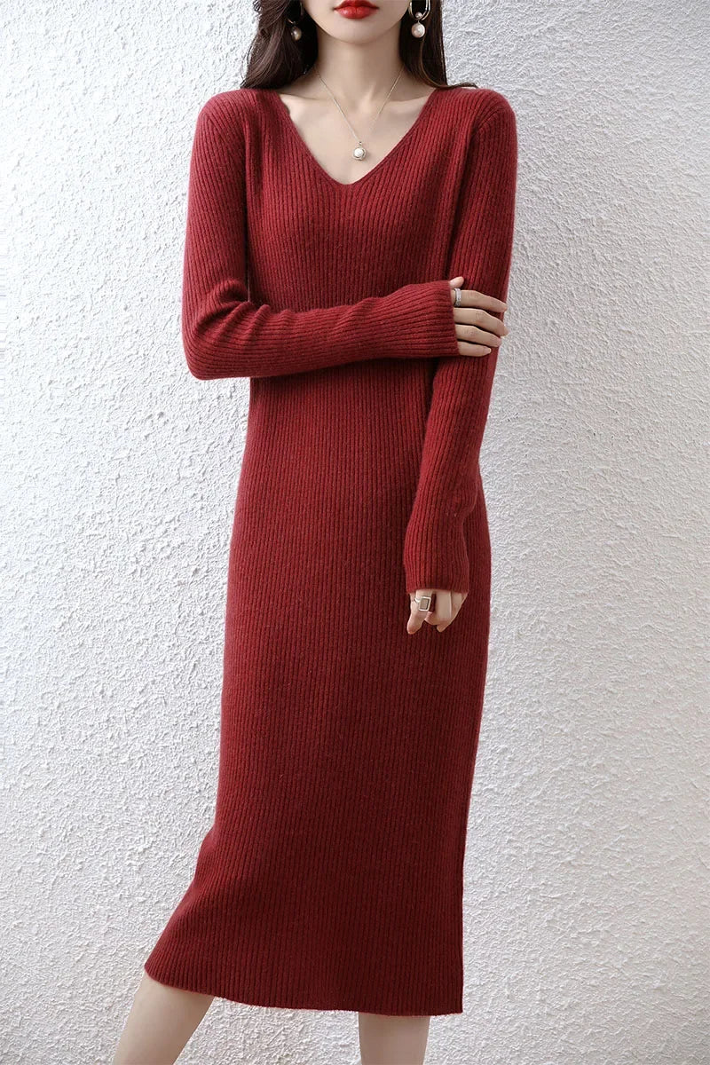 Elegant Long Sleeve Ribbed 100% Merino Wool Sweater Dress