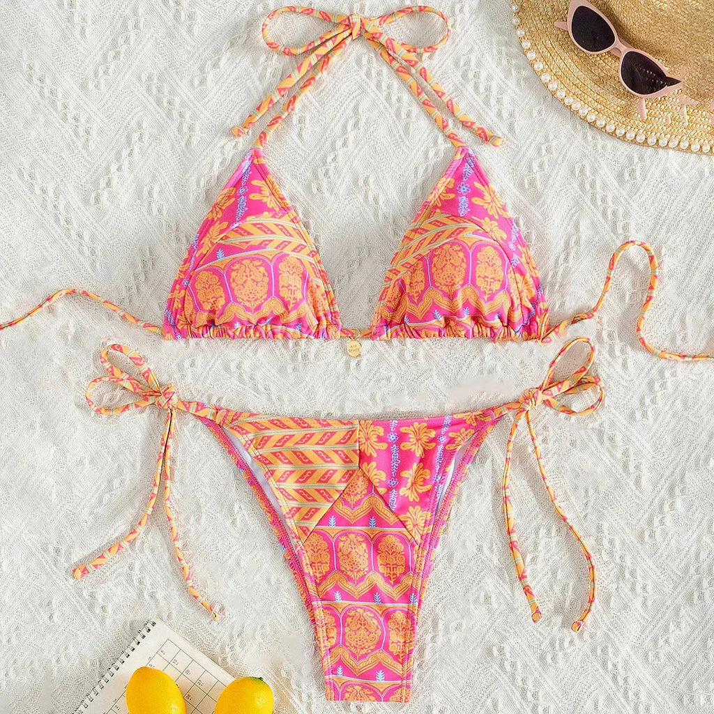 Bohemian Print Swimwear Low-waist Female Beach Set Tie Straps Women Swimming Suit Triangle Bra with Pad