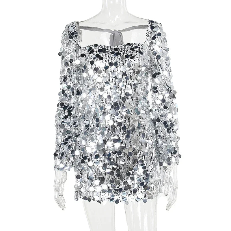 Glitter Sequin Mini Dress Women Elegant Backless Long Sleeve Short Dresses Slit Bodycon Sexy Club Party Clothes YY23549SK