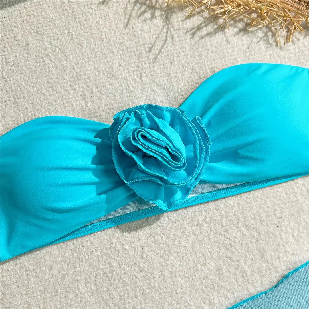 New 3D Flowers With Sarong Bandeau Bikini Female Swimsuit Women Swimwear Three-pieces Bikini set Bather Bathing Suit Swim V5526