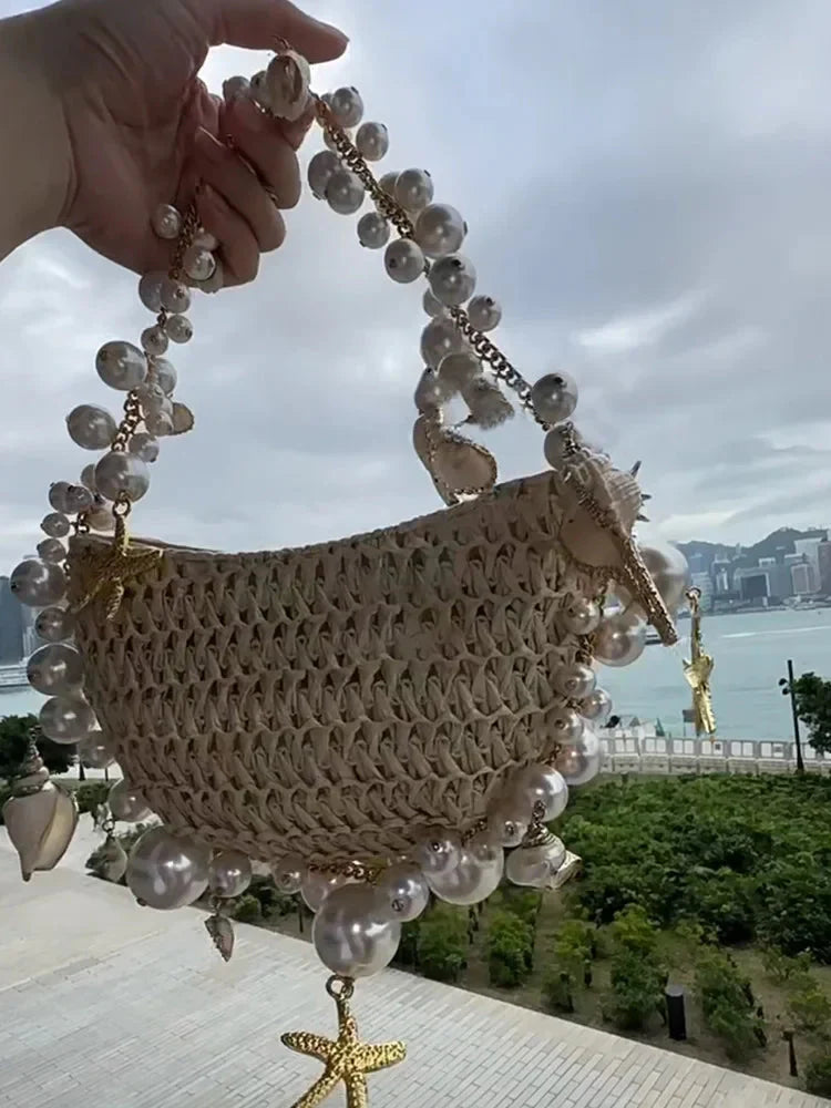 Lady Evening Bags For Women Luxury Designer Brand Handbags And Purses 2023 New In Papyrus Woven Chain Beaded Trim Shoulder Bag