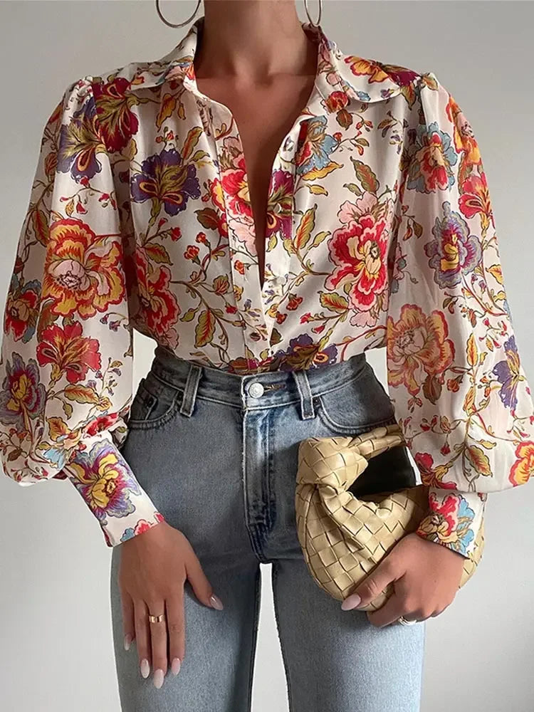 Women's Floral Print Puff Sleeve Shirt Female Elegant Casual V Neck Shirts 2023 Spring Summer Ladies Tops Blouses Vintage Blouse