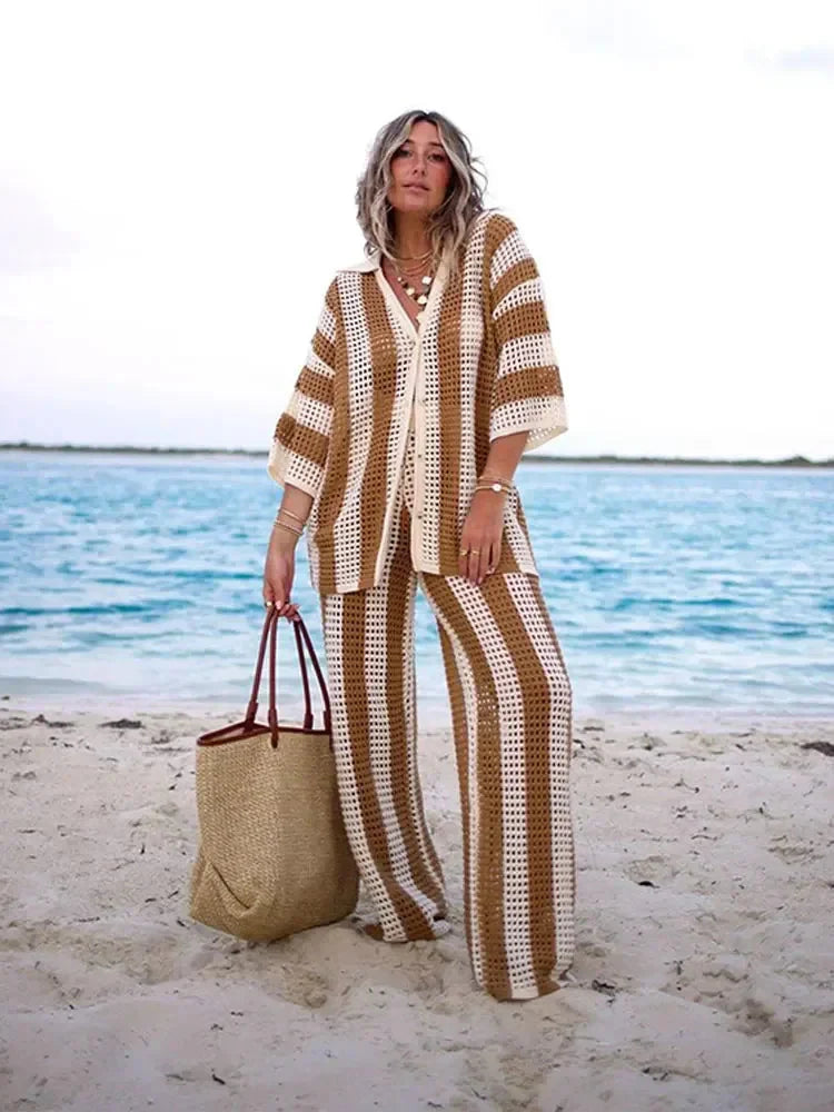 Fashion Hollow Stripe Shirts 2 Piece Sets Chic V Neck Half Sleeves Wide Leg Pants Suits 2024 Summer Female Beach Vacation Outfit
