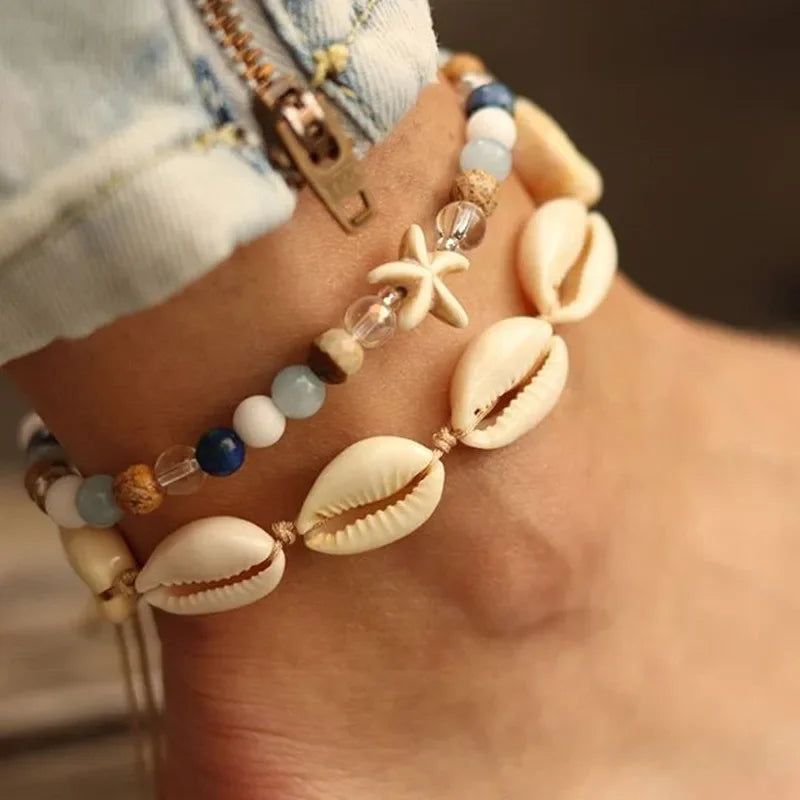 Modyle Vintage Silver Color Beads Starfish Anklets For Women Handmade Beaded Ankle Bracelet Summer Beach Foot Jewelry