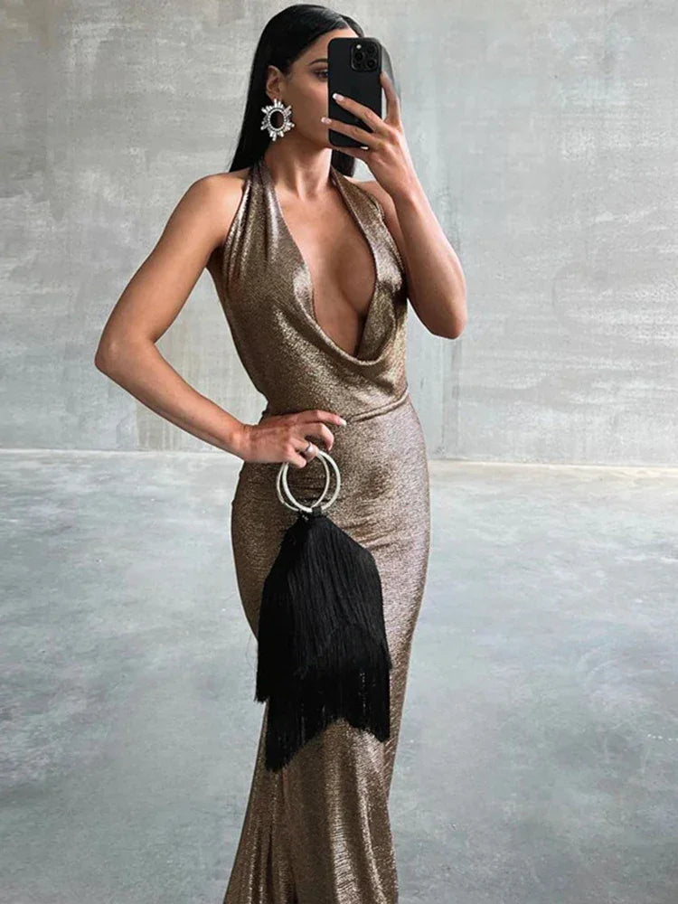 Dark Bronze Draped Maxi Dress