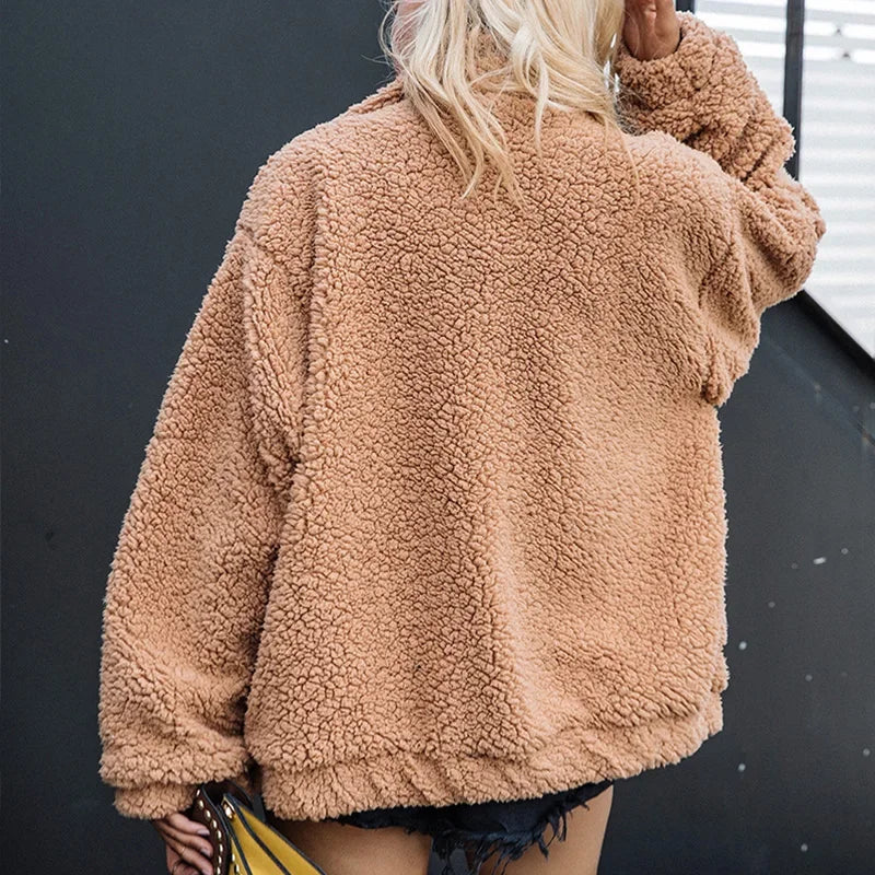 FMFSSOM Fashion Autumn Women Teddy Bear Fluffy Jacket Stand Collar Loose Plush Jacket Brown Solid Warm Outwear Faux Lamb Coats