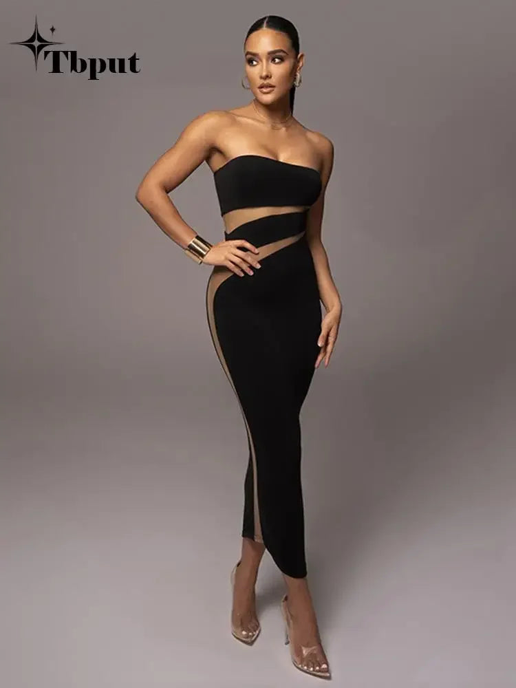 Sexy Mesh Patchwork Bodycon Dress Women Off Shoulder Strapless Backless Dresses 2023 Summer Female Elegant Party Vestidos