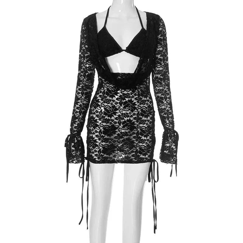 Women Elegant Cocktail Evening Party Mini Dress Sexy See Through Floral Lace Bodycon Dress Y2K Street Date Night Out Club Dress