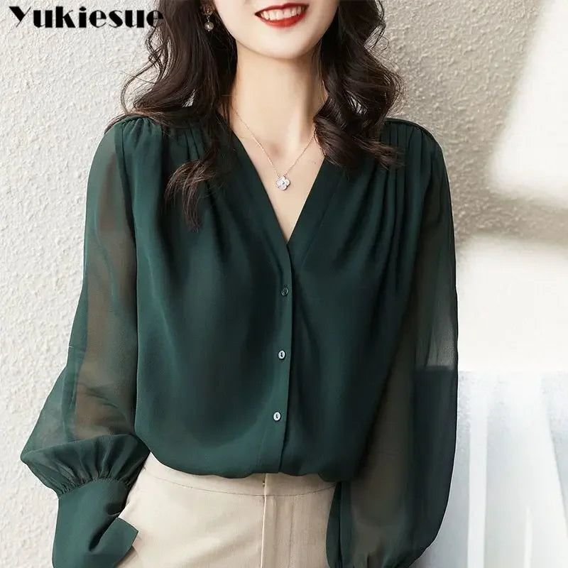 Spring Summer Elegant blouse women Korean Chiffon Shirt Women Long Sleeve Ruffled Women's shirts and blouses Office Lady Tops