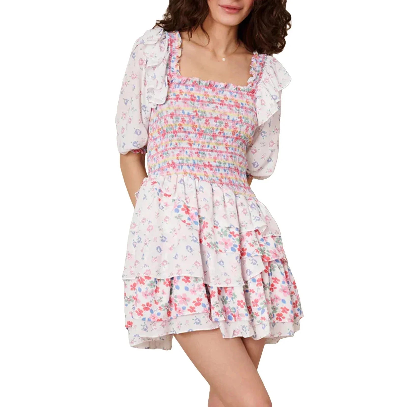 Womens Bohemian Puff Sleeve Dress Boho V-Neck Ruffle Layered Hem Mini Dress Floral Flowy Ruffle Tiered Short Dresses
