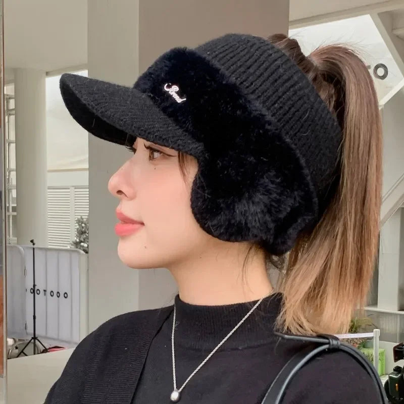Winter Hats For Women 2023 New Fashion Winter Warm Earflaps Knitted Hat Baseball Caps Outdoor Sport Windproof Ponytail Hat Visor