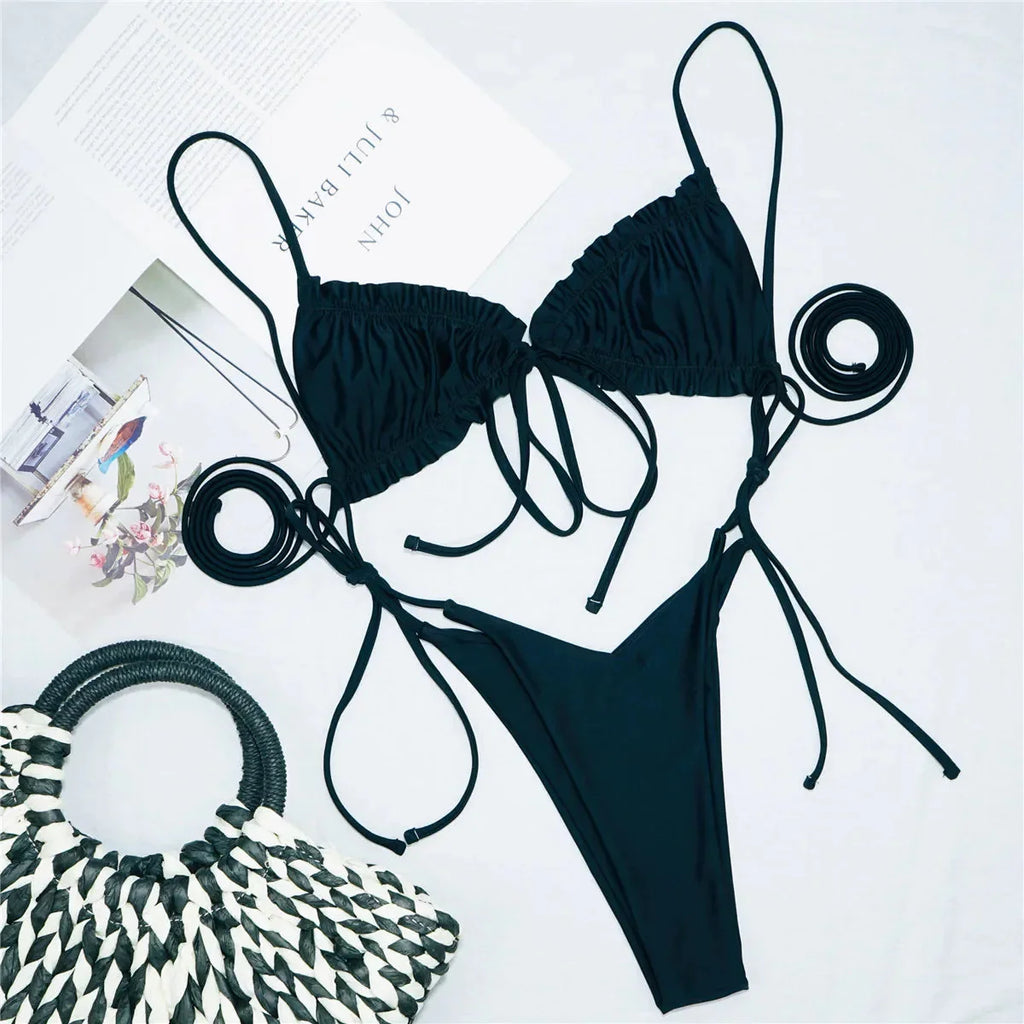 Bikinis 2025 Woman 3 Colors Sexy Ruffled Frilled Bikini Women Swimwear Female Swimsuit Two-piece Bikini set Lace Up Bathing Suit