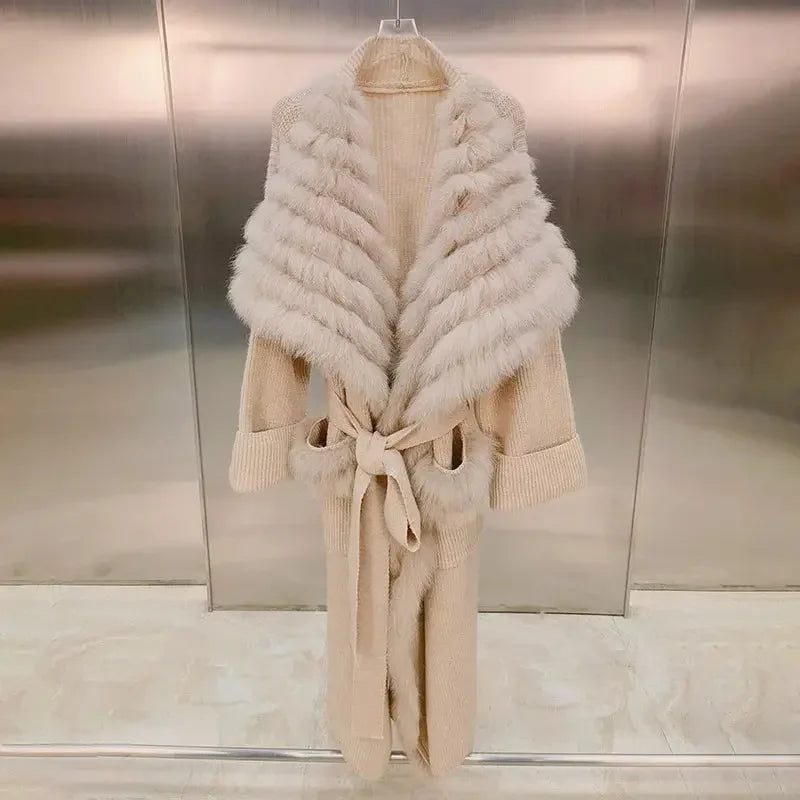Lady Fashion Sweater Autumn Winter Long Coat 2023 Women's Knitted Cardigan Fox Fur Trim Belt