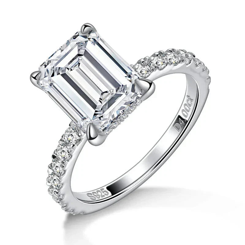 Emerald/Radiant Cut Real Full Moissanite Ring for Women 8*10mm D Color Diamond 925 Sterling Silver Wedding Band with Certificate