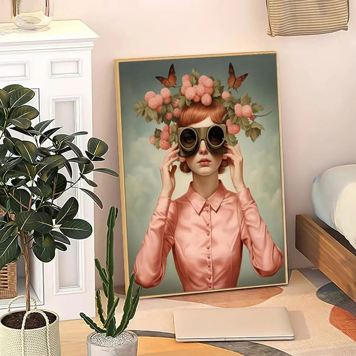 Nordic Boho Fashion Glasses Woman With Flowers Wall Art Canvas Painting Butterfly With Girl Portrait Poster Prints Mural Picture