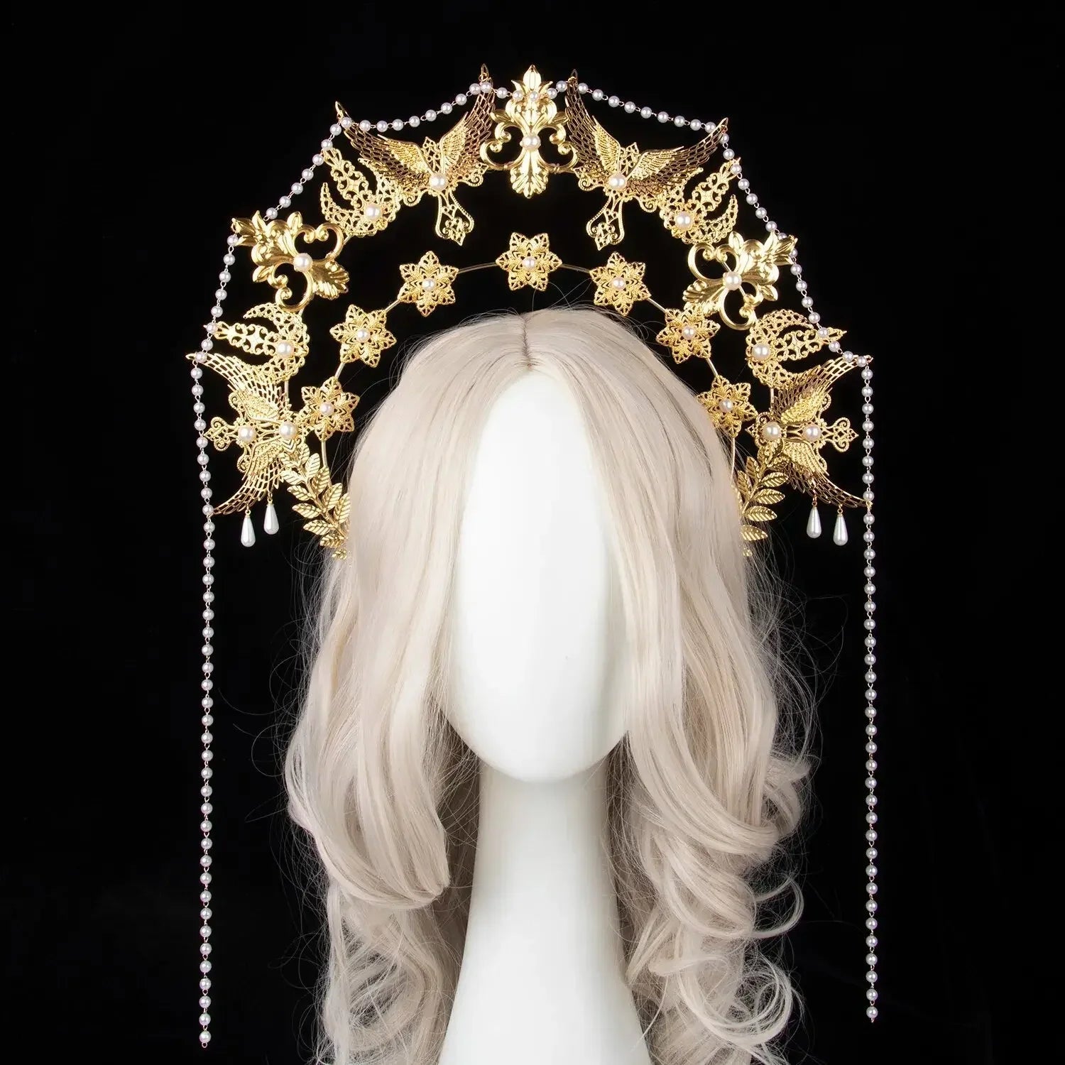 Sun Goddess Angel KC Halo Crown Headpiece Queen Anna Baroque Pearl Tiara Headband Lolita Collection Gothic Accessories