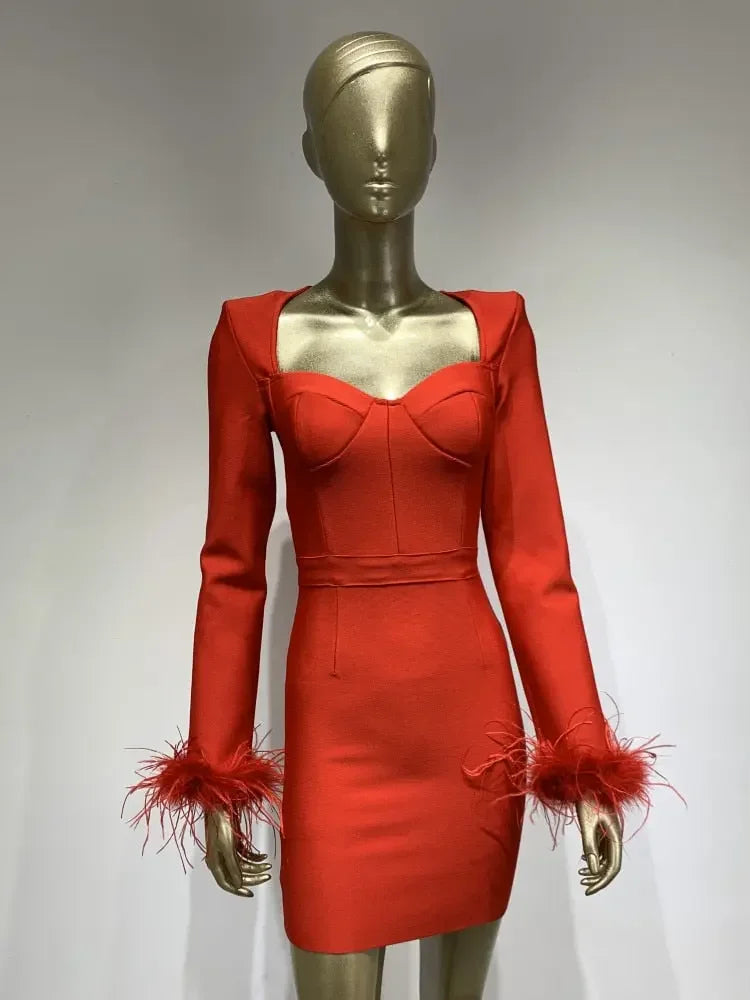 Sexy Long Sleeve Feather Mini Bodycon Dress